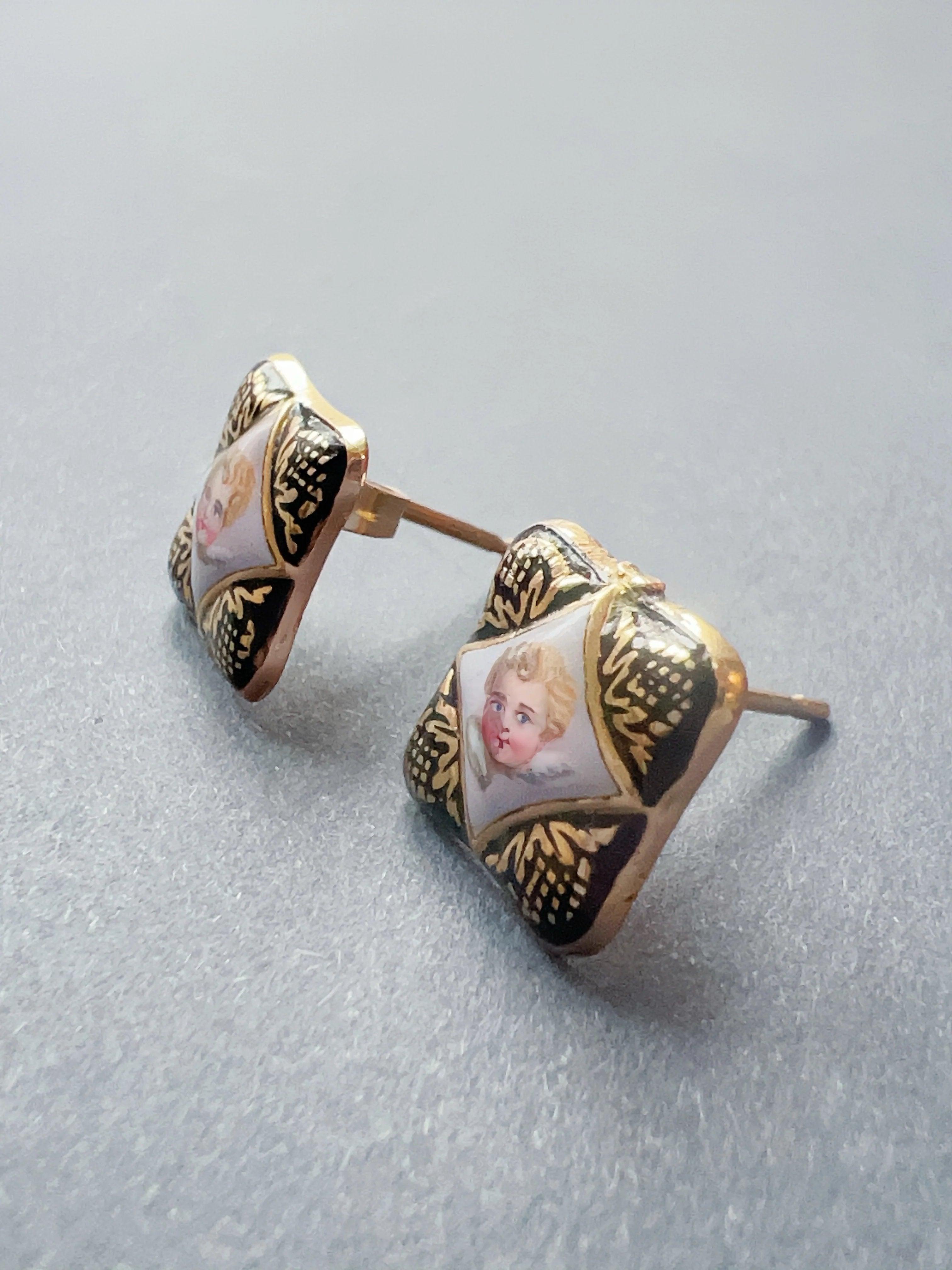 Victorian era gold enameled cherub earrings - Curiously timeless