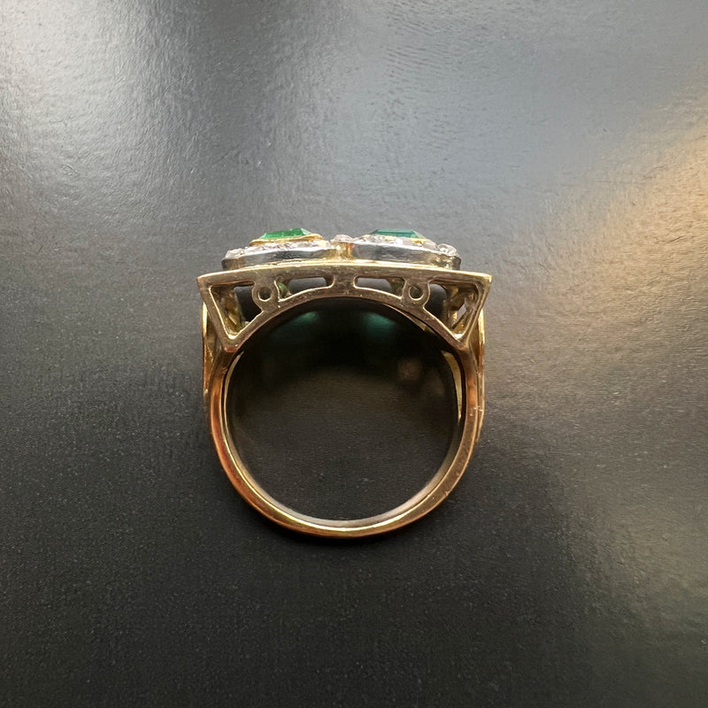 Vintage 18K gold emerald and diamond tank ring