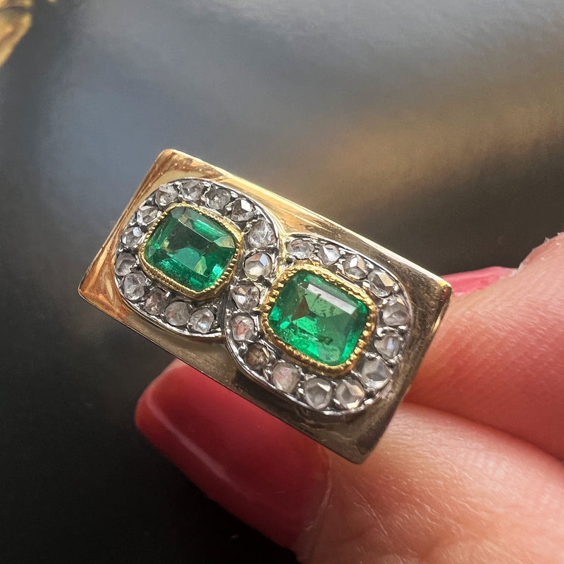 Retro 18K gold emerald and diamond tank ring