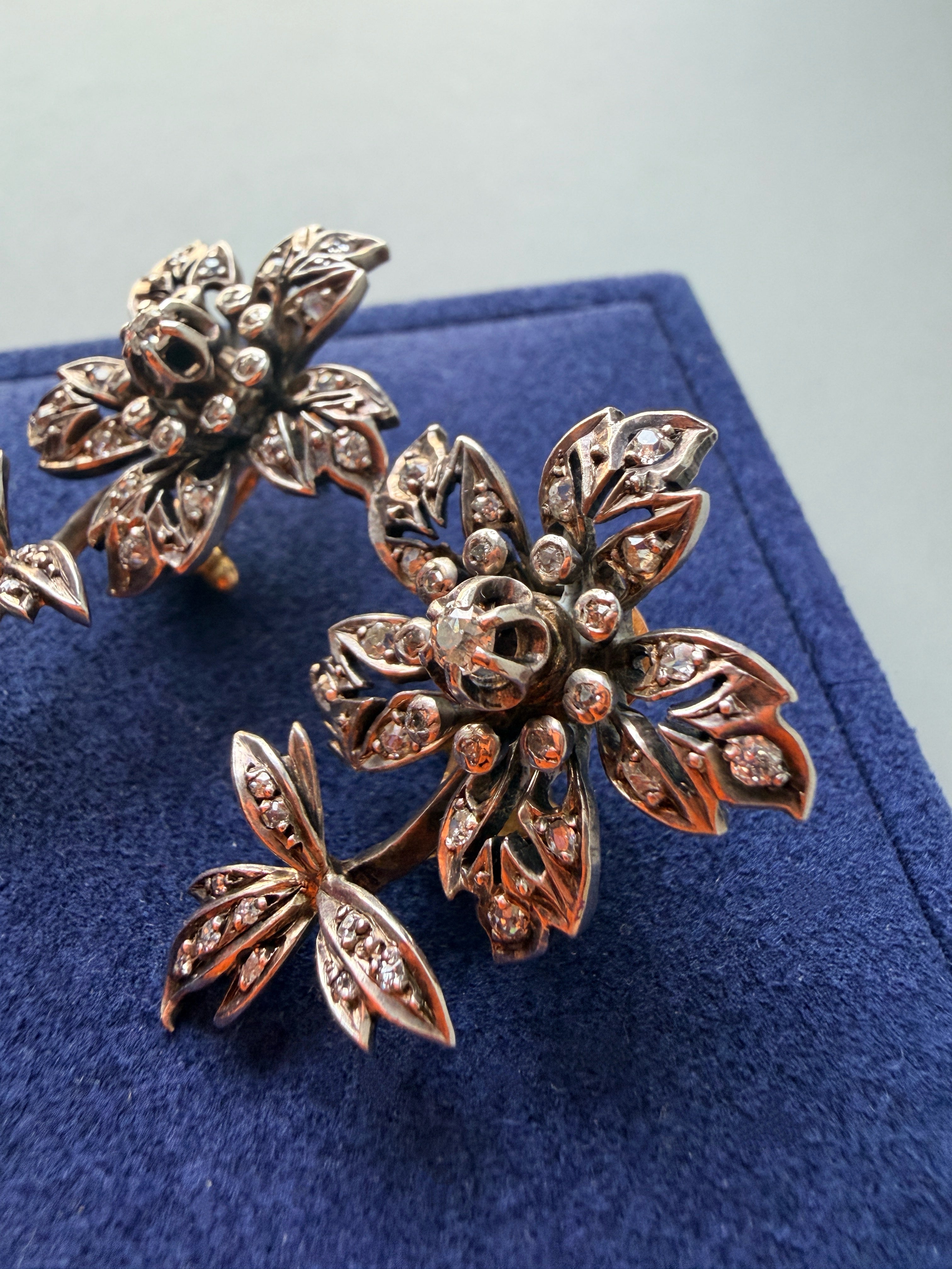 Victorian era 18K gold diamond Flower Earrings