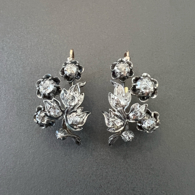 Antique 18K gold diamond flower earrings in original box