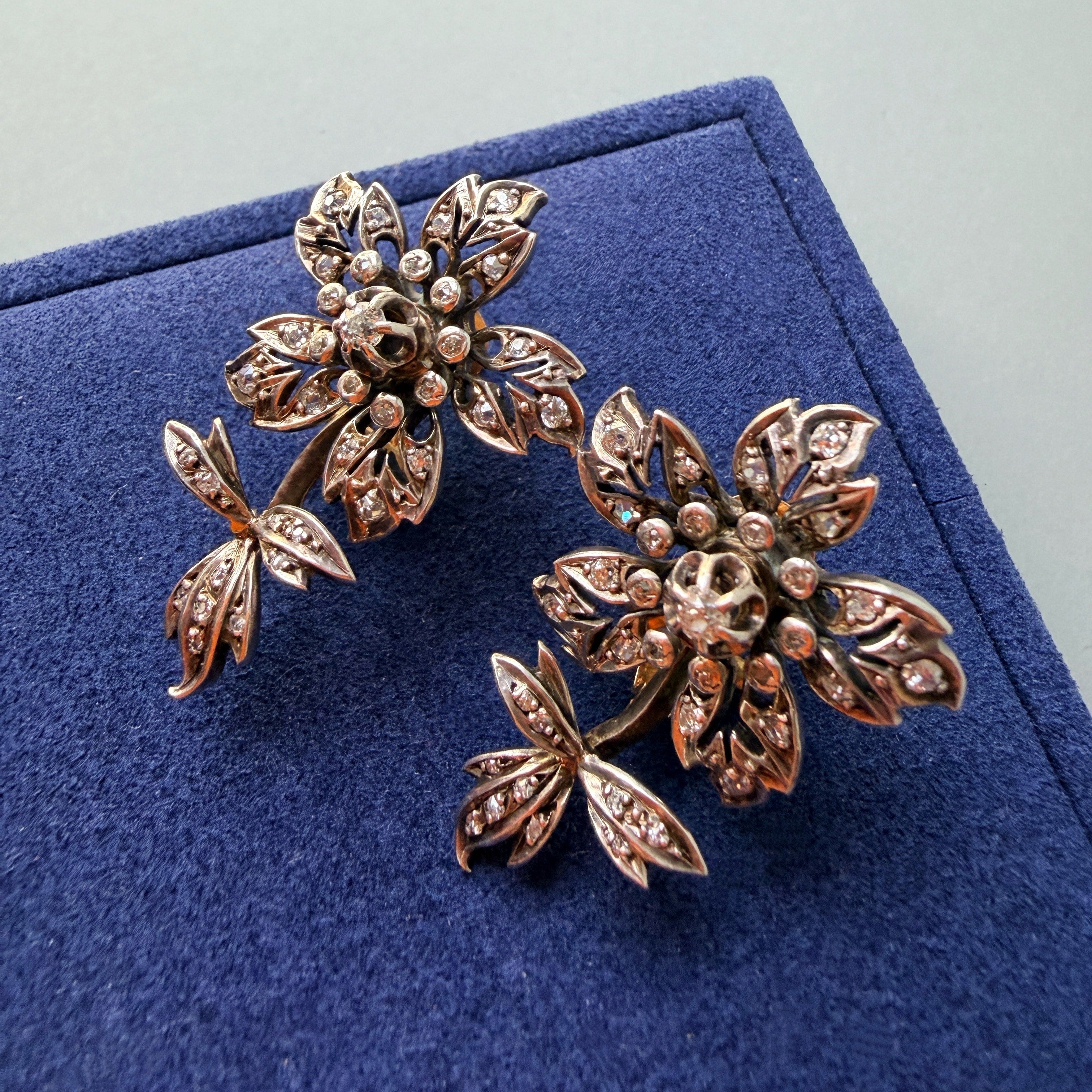 Victorian era 18K gold diamond Flower Earrings