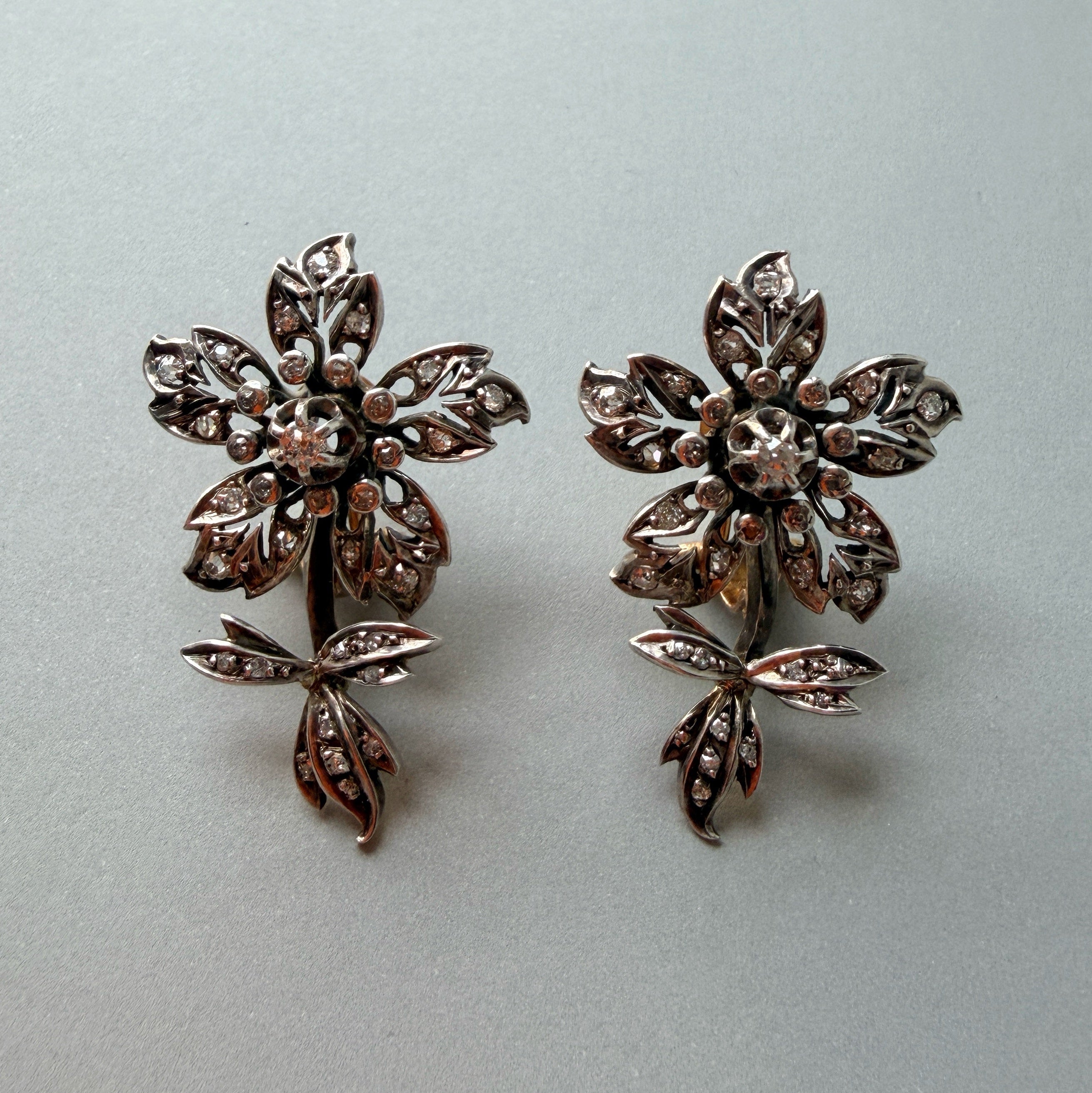 Victorian era 18K gold diamond Flower Earrings