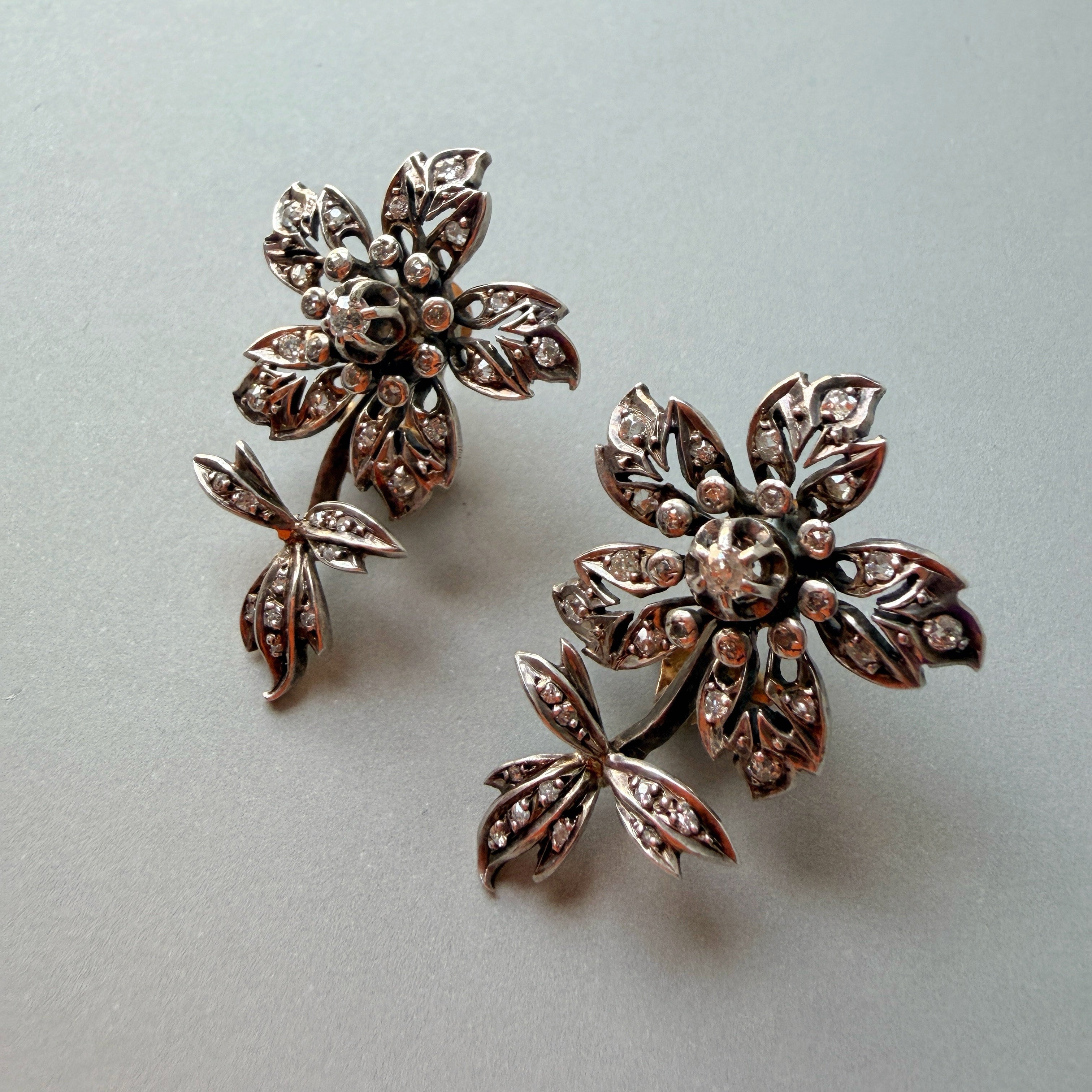 Victorian era 18K gold diamond Flower Earrings