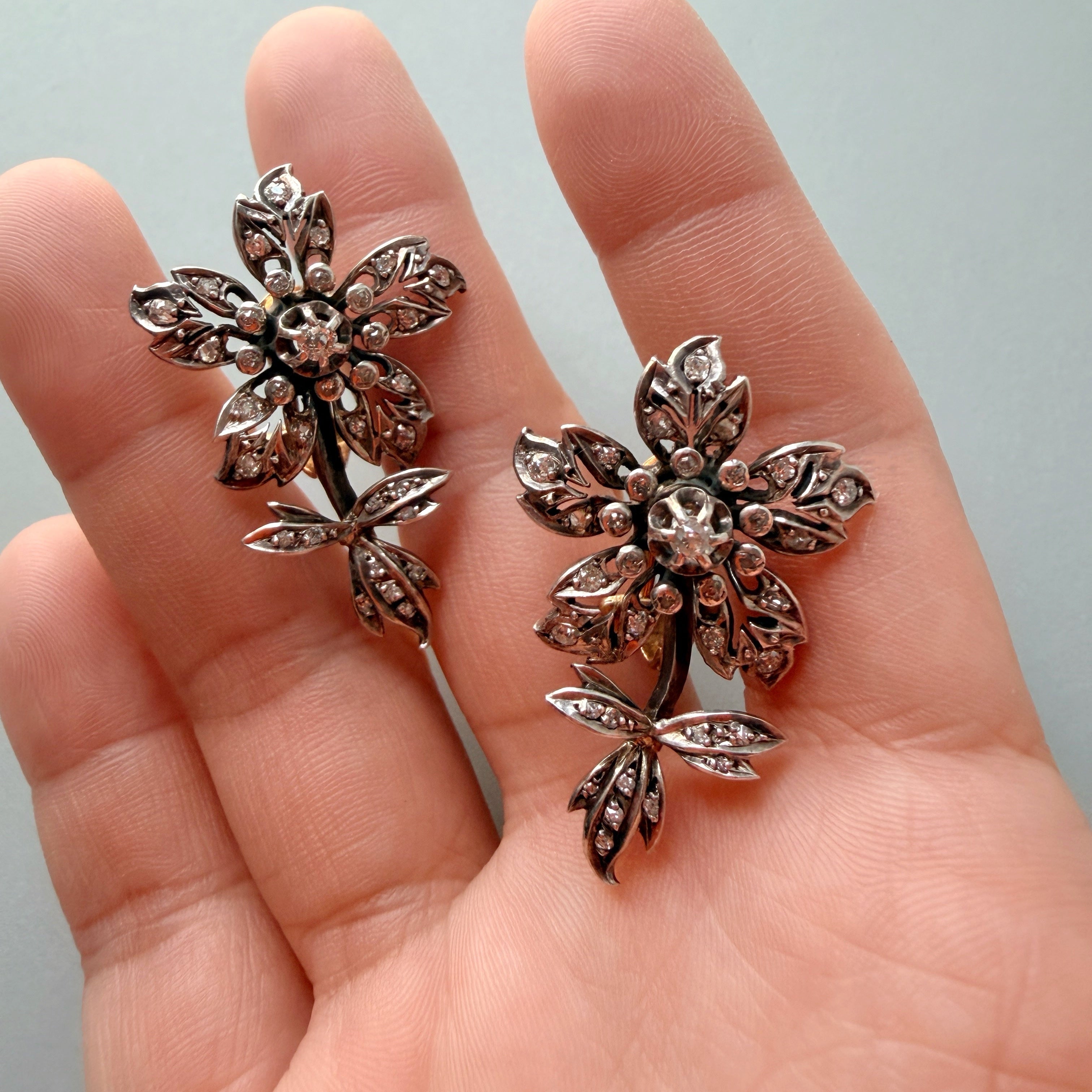 Victorian era 18K gold diamond Flower Earrings