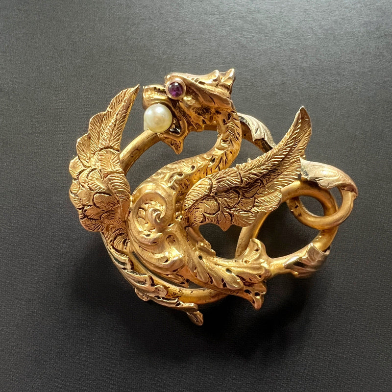 Art Nouveau era French 18K gold chimera brooch