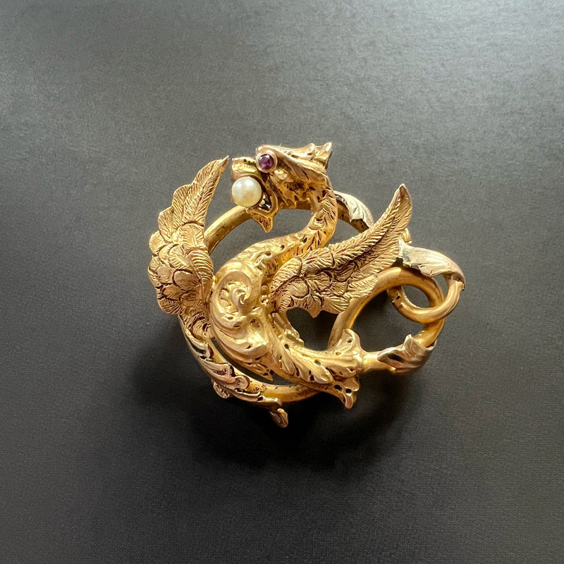 Art Nouveau era French 18K gold chimera brooch