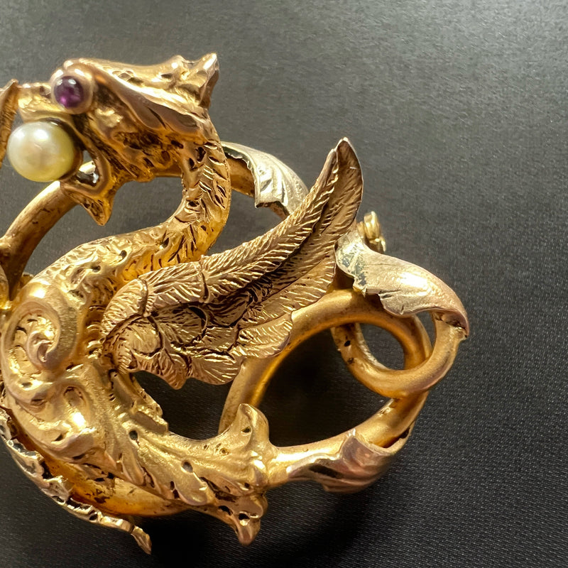 Art Nouveau era French 18K gold chimera brooch