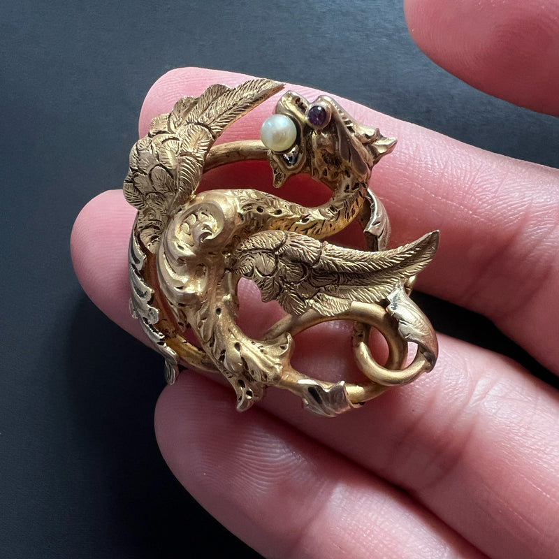 Art Nouveau era French 18K gold chimera brooch