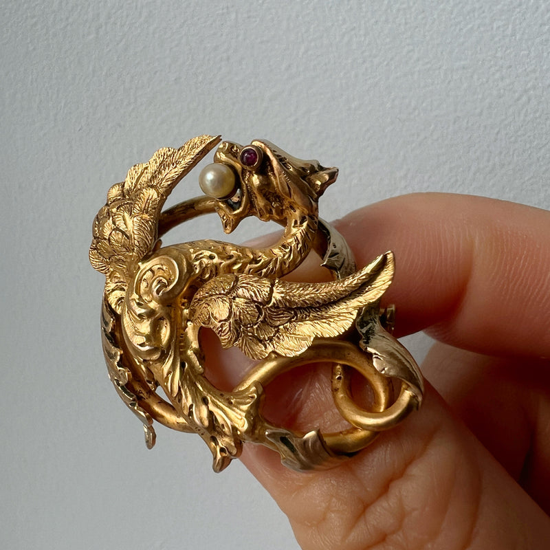 Art Nouveau era French 18K gold chimera brooch