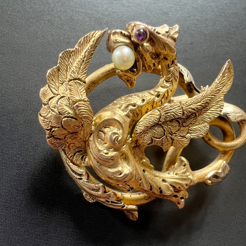 Art Nouveau era French 18K gold chimera brooch