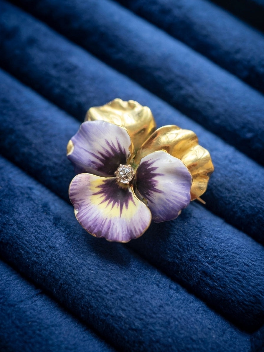 Victorian 18K gold enamel diamond pansy flower brooch