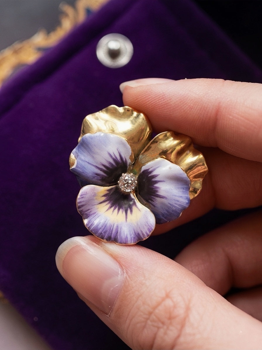 Victorian 18K gold enamel diamond pansy flower brooch