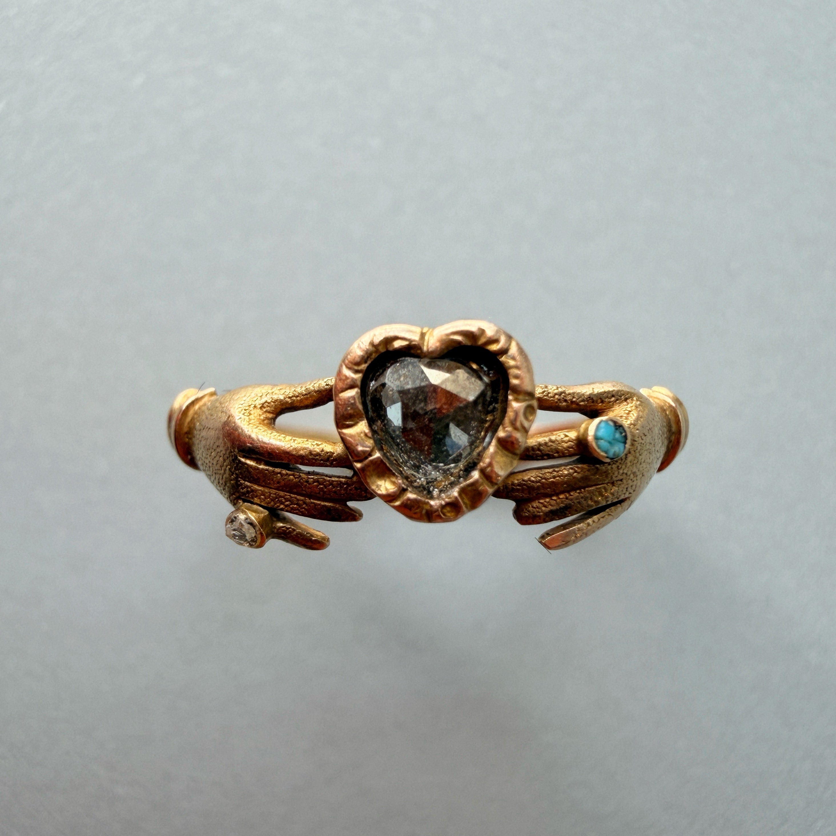 Georgian 14k gold Hands of Loyalty Holding a Diamond Heart ring