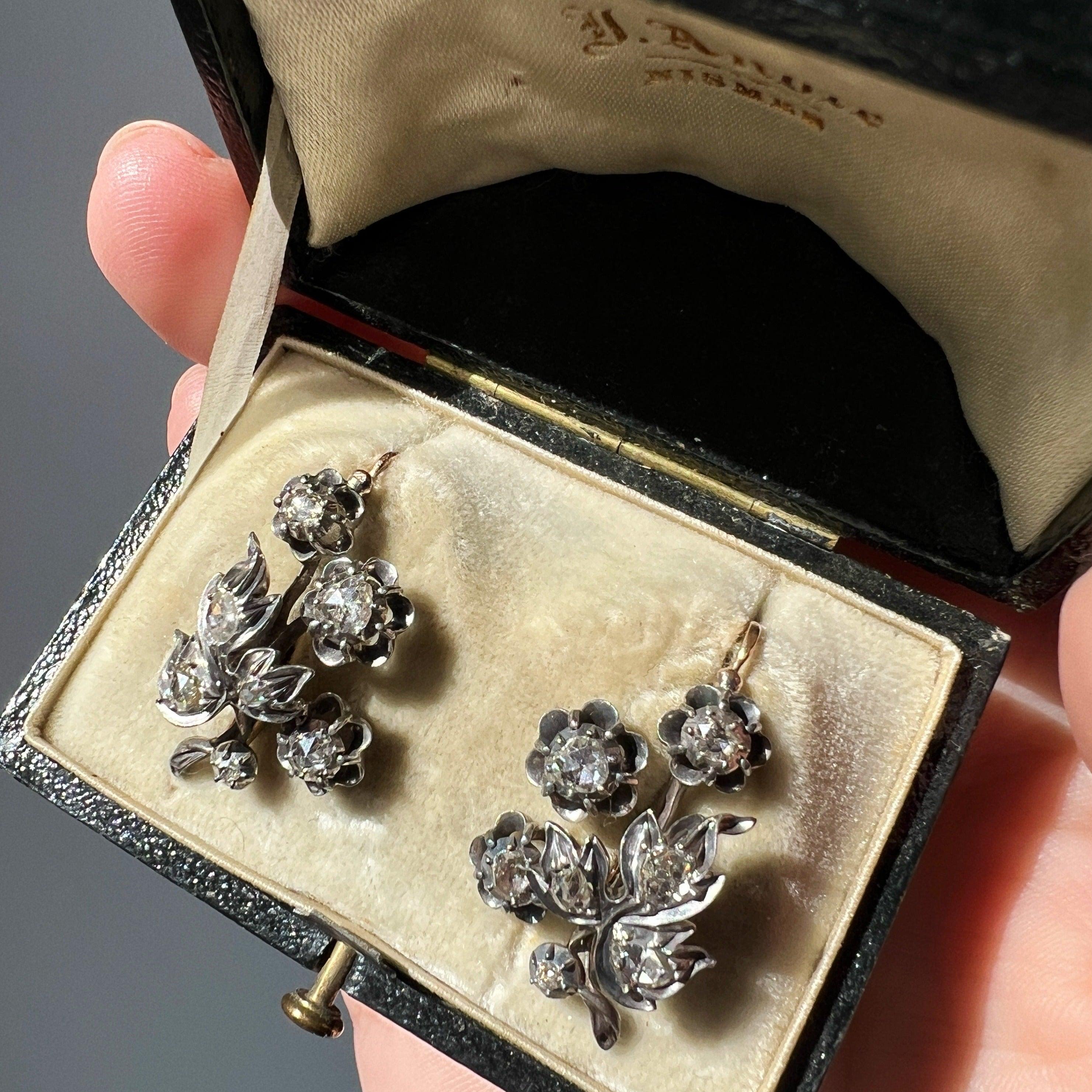 Antique 18K gold diamond flower earrings in original box - Curiously timeless