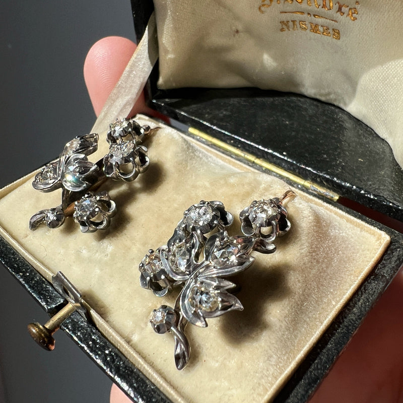 Antique 18K gold diamond flower earrings in original box