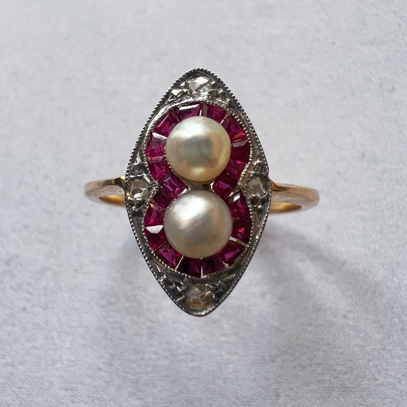 Art Deco era 18K gold pearl ruby diamond ring