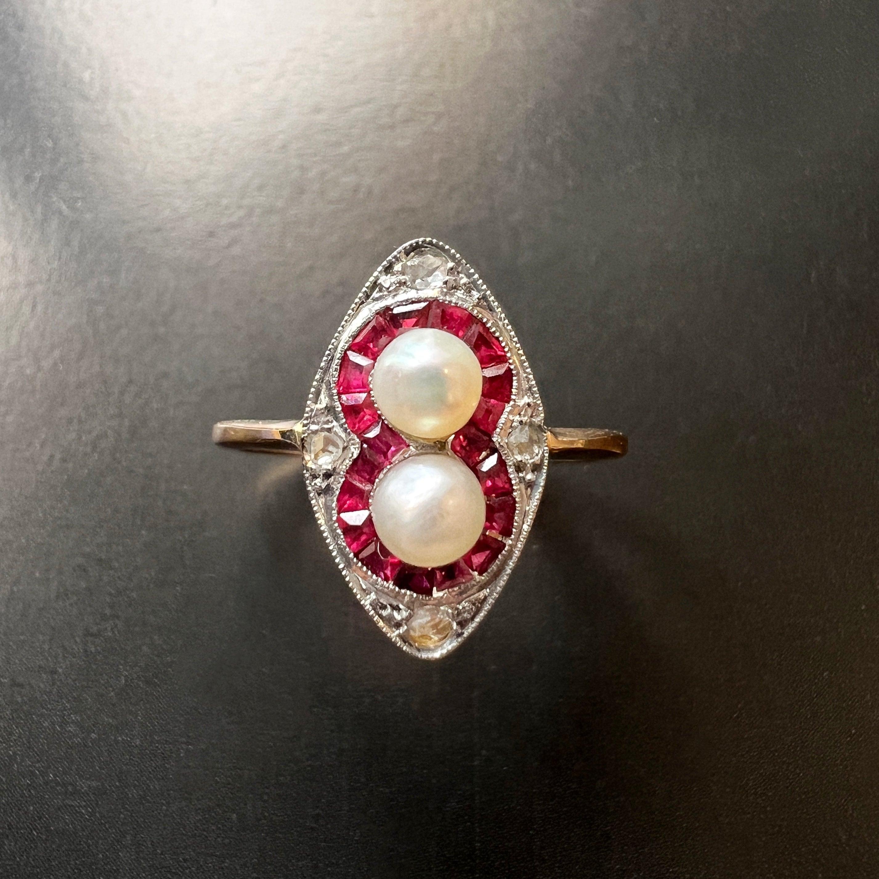 Art Deco era 18K gold pearl ruby diamond ring - Curiously timeless