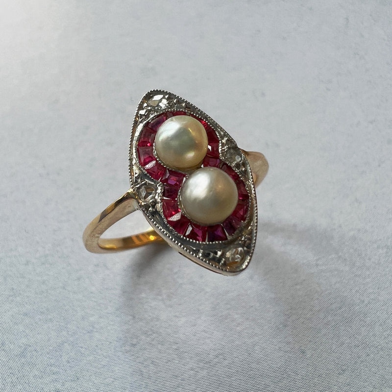 Art Deco era 18K gold pearl ruby diamond ring