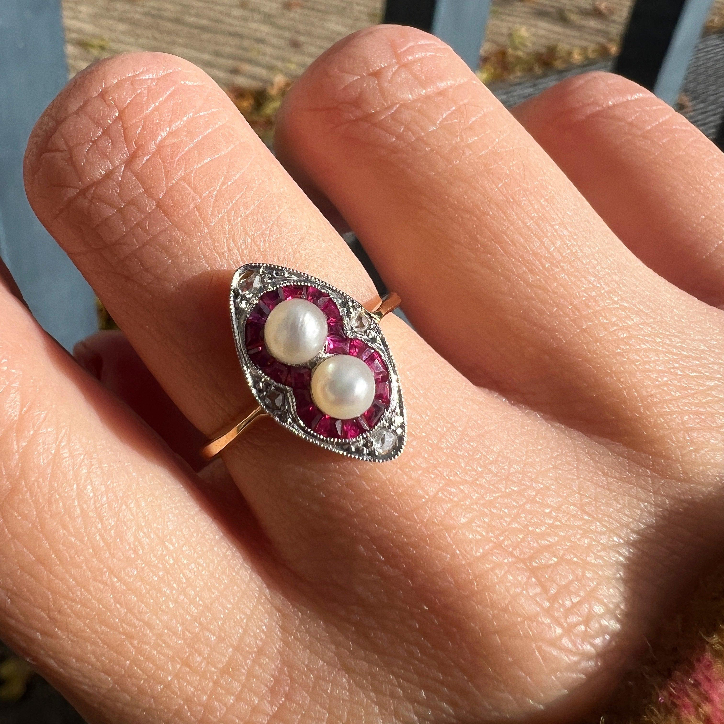 Art Deco era 18K gold pearl ruby diamond ring - Curiously timeless