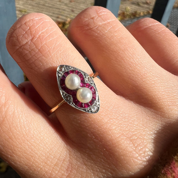 Art Deco era 18K gold pearl ruby diamond ring