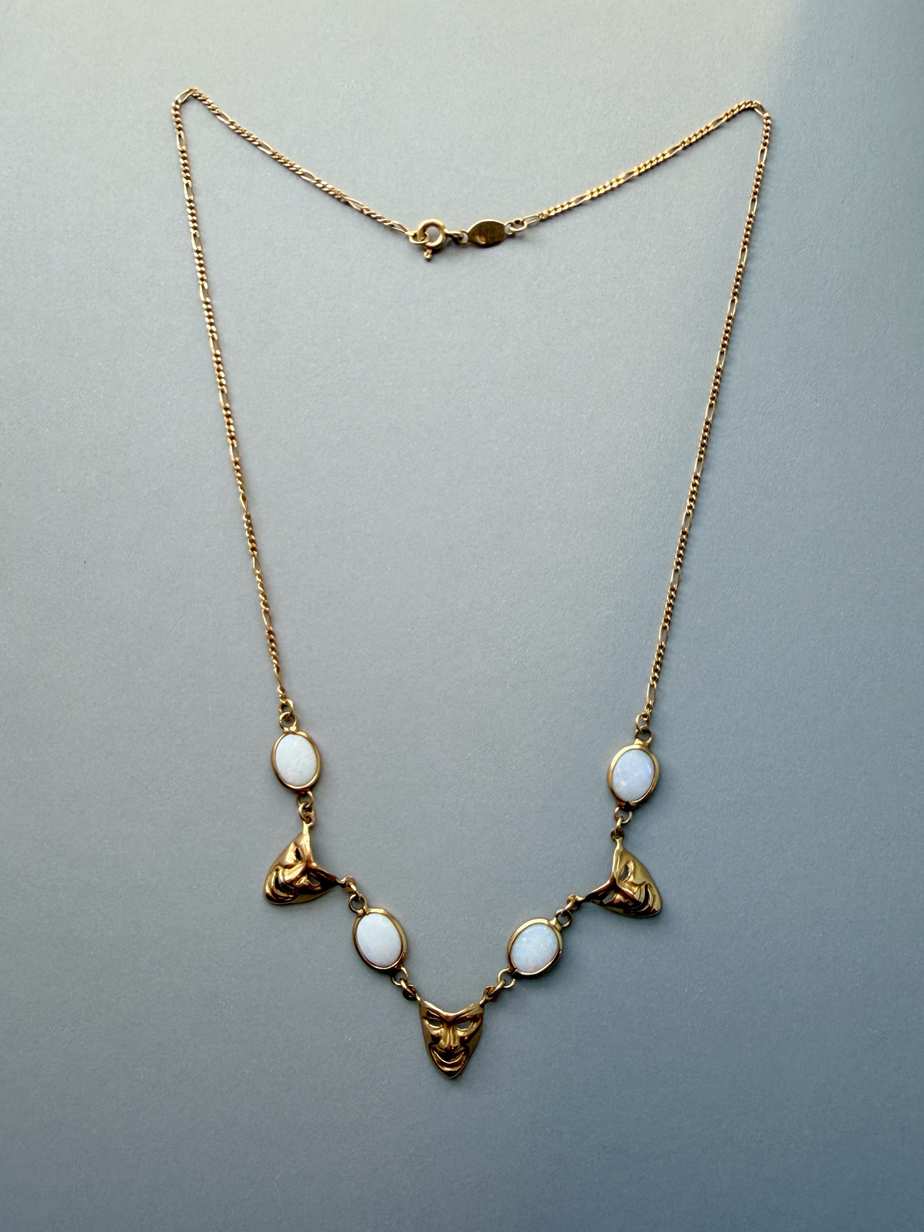 Vintage 18K Yellow Gold White Opals Venetian Mask Necklace