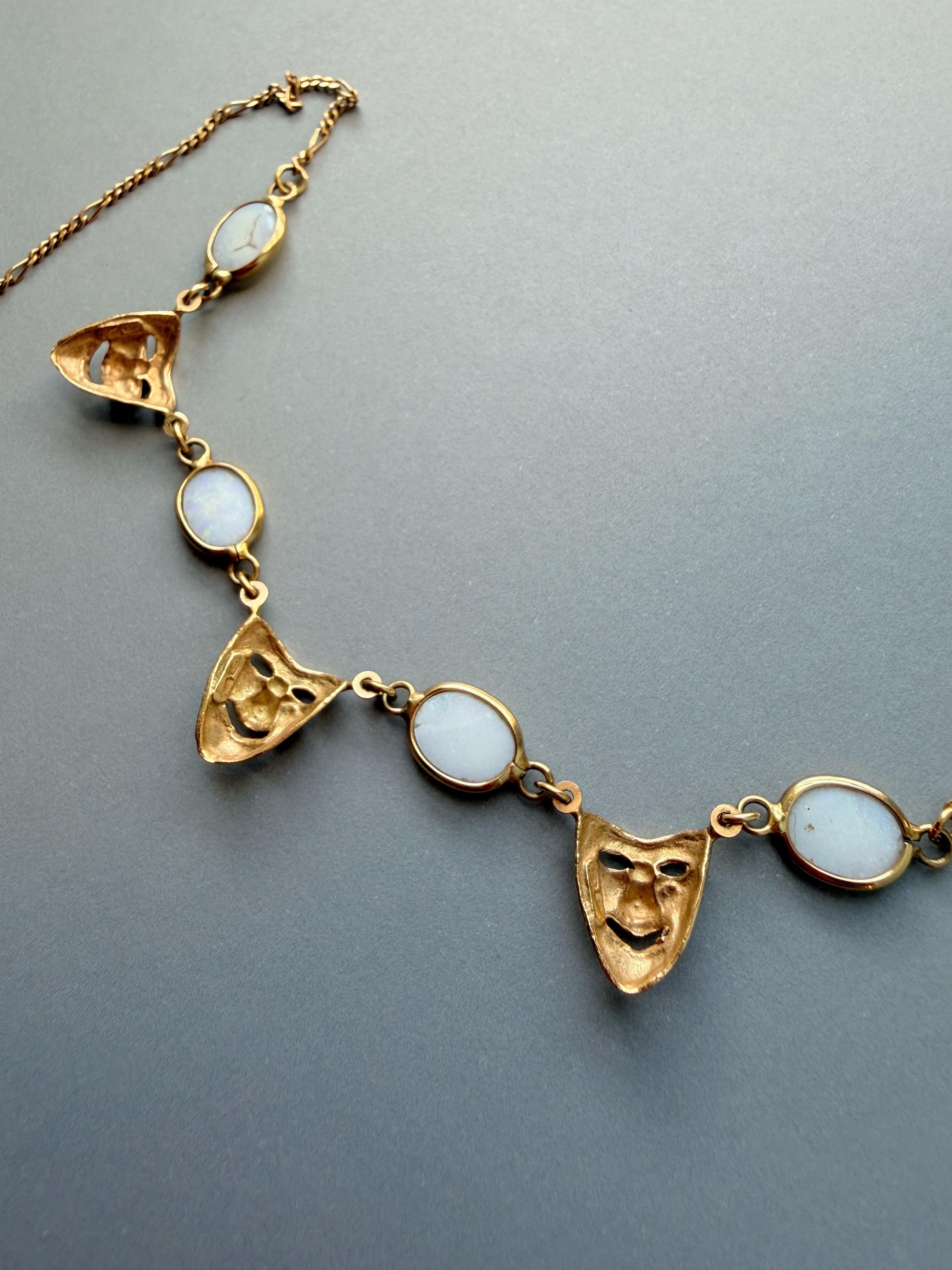 Vintage 18K Yellow Gold White Opals Venetian Mask Necklace