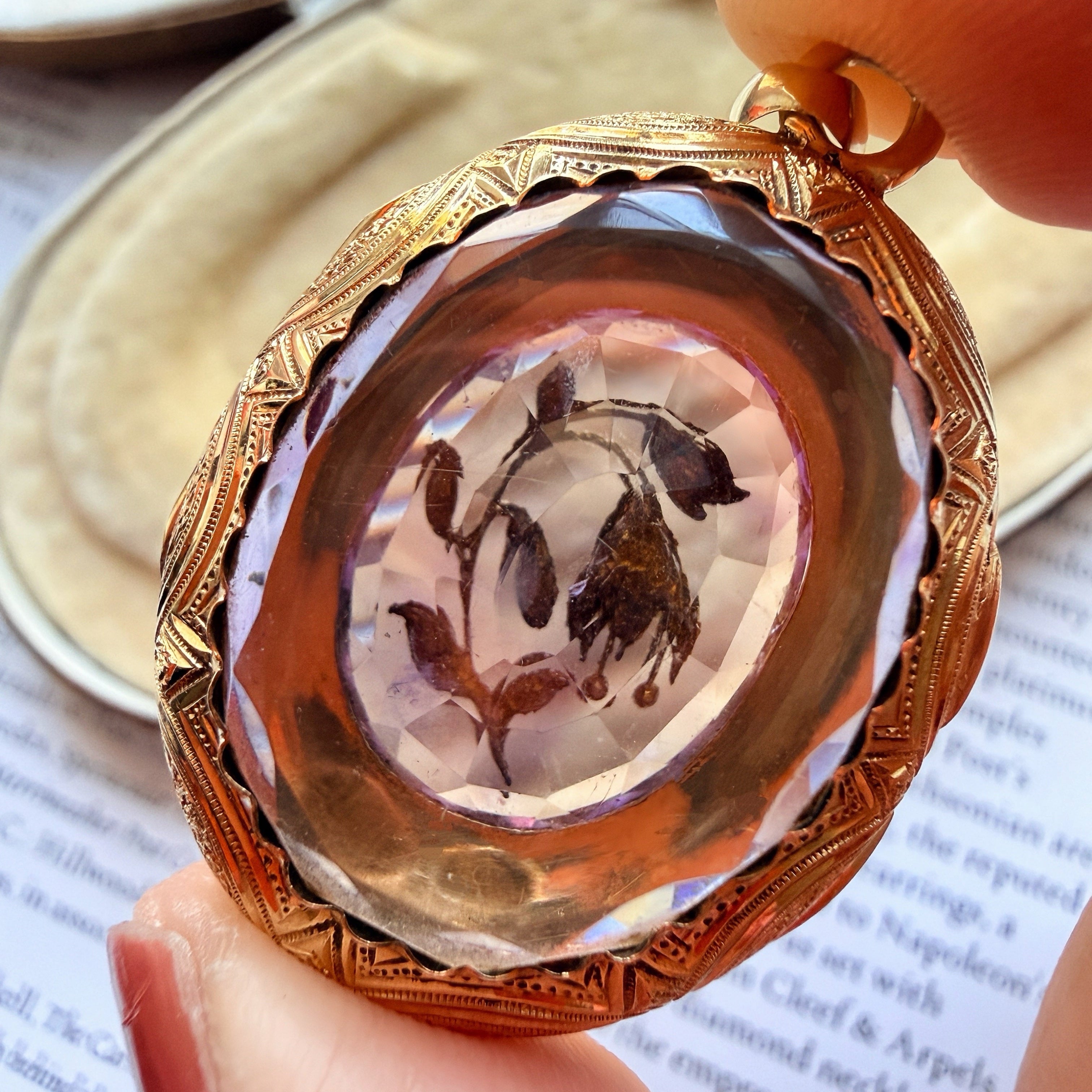 Victorian 18K gold amethyst diamond flower locket pendant