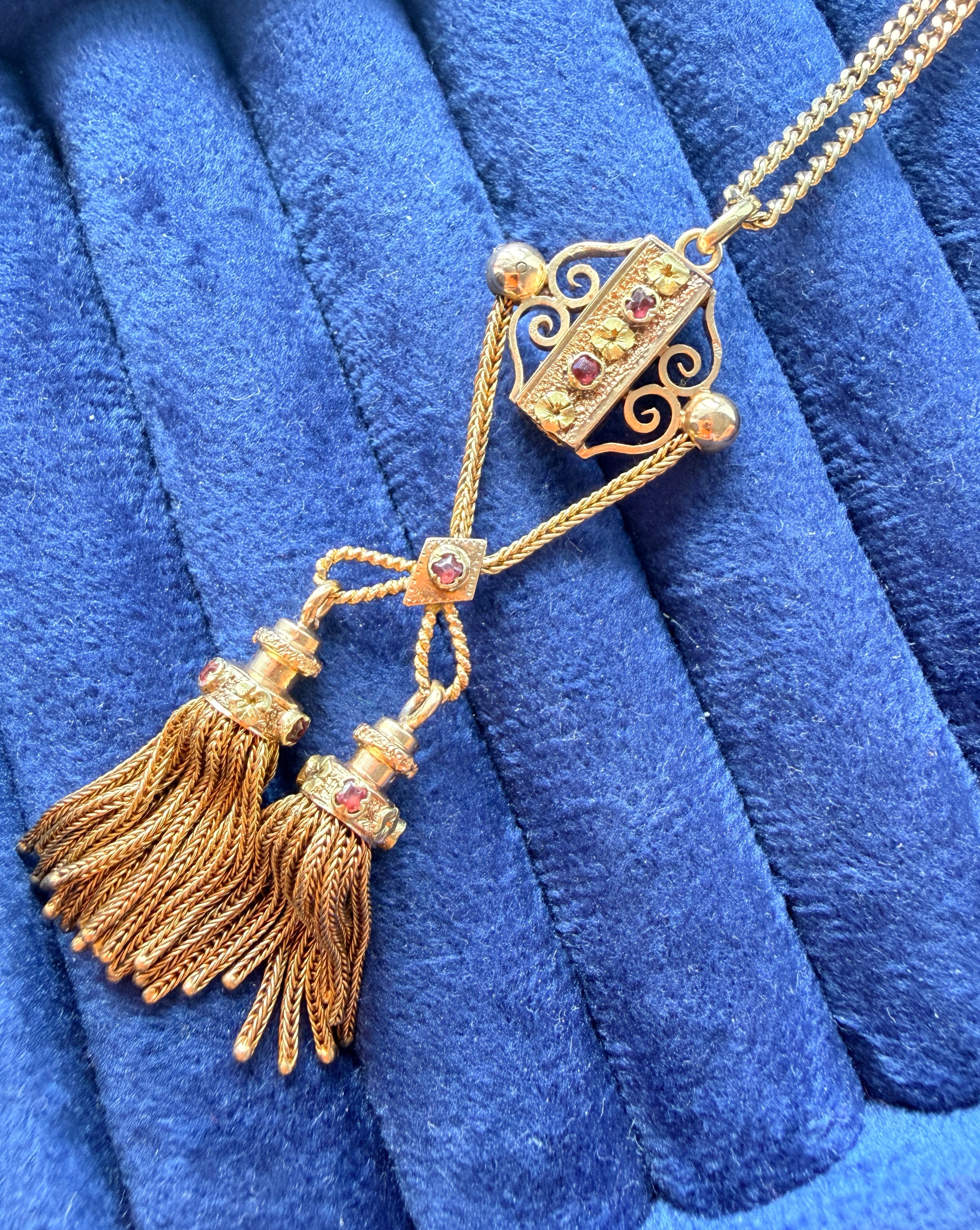 Victorian era French 18K Gold Garnets double Tassel Pendant