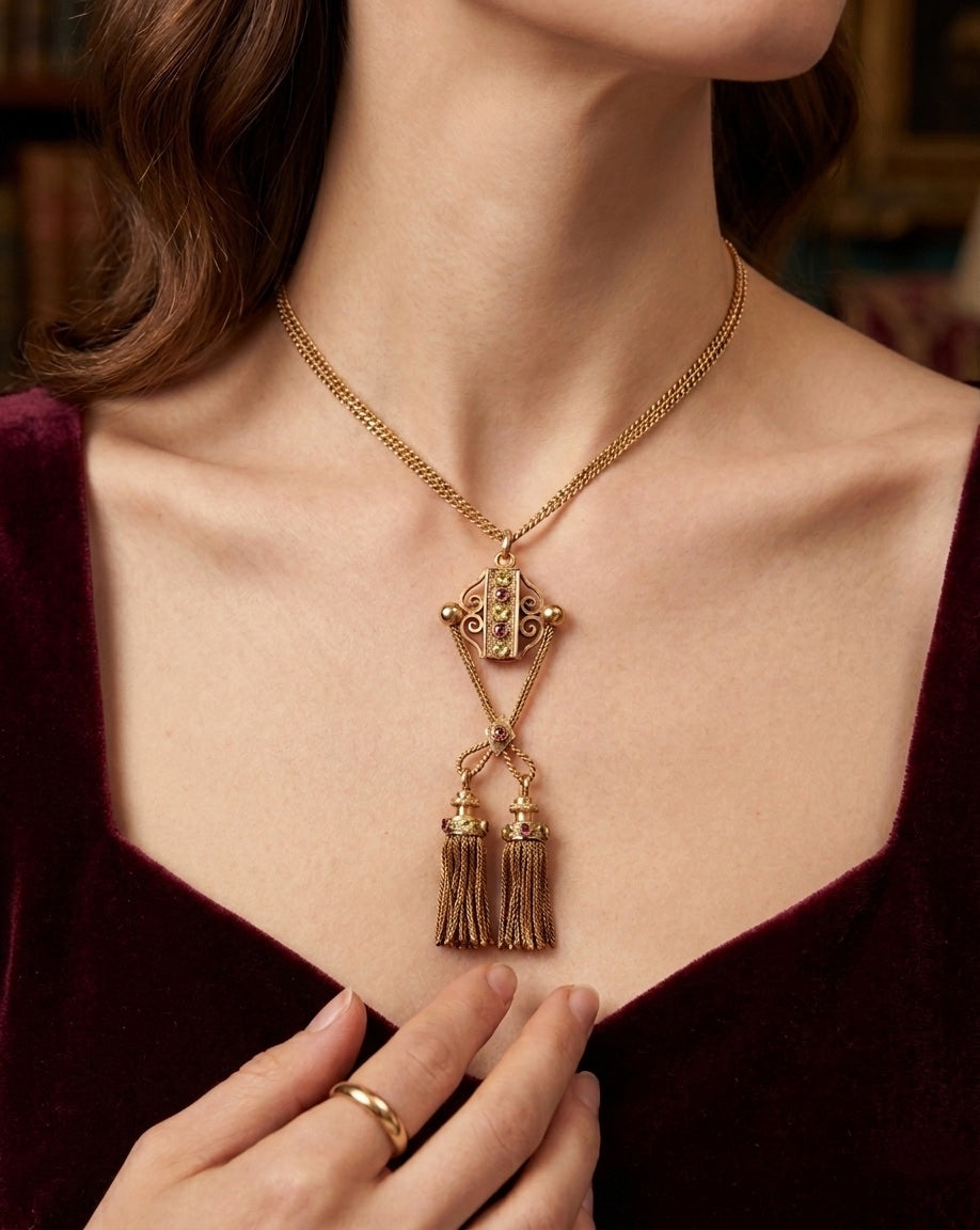 Victorian era French 18K Gold Garnets double Tassel Pendant