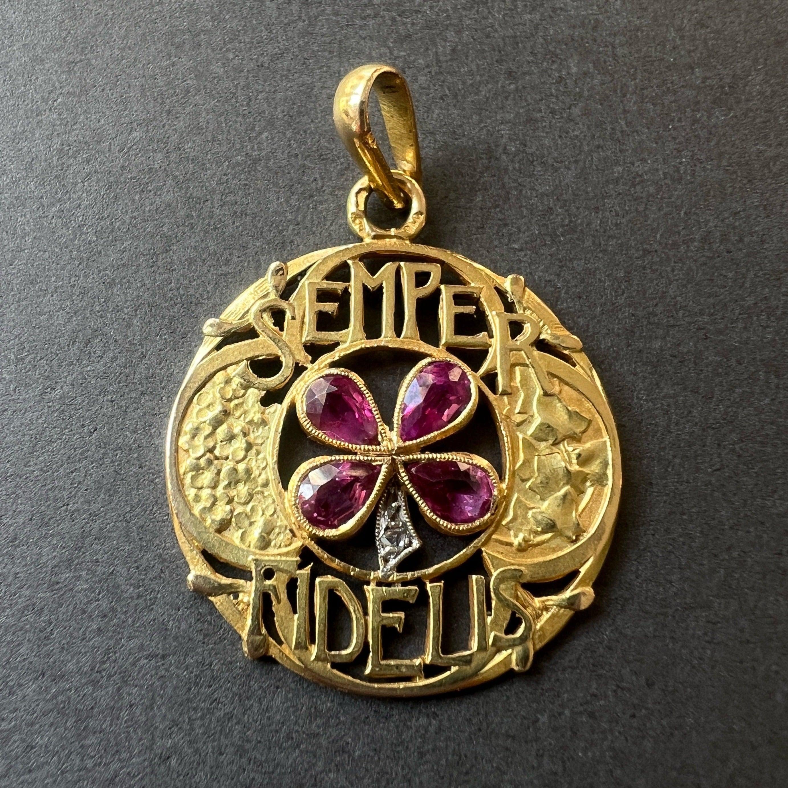 Art Nouveau 18k gold pink sapphire diamond “stay faithful” pendant - Curiously timeless