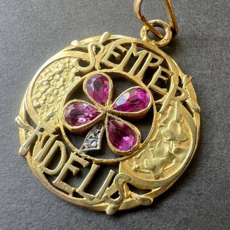 Art Nouveau 18k gold pink sapphire diamond “stay faithful” pendant