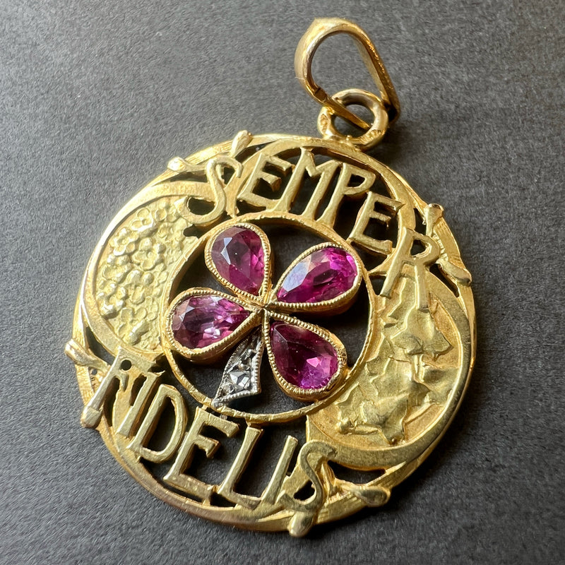 Art Nouveau 18k gold pink sapphire diamond “stay faithful” pendant