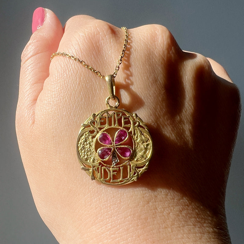 Art Nouveau 18k gold pink sapphire diamond “stay faithful” pendant