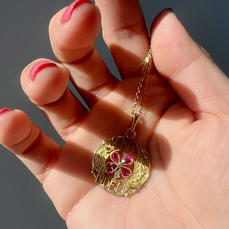 Art Nouveau 18k gold pink sapphire diamond “stay faithful” pendant