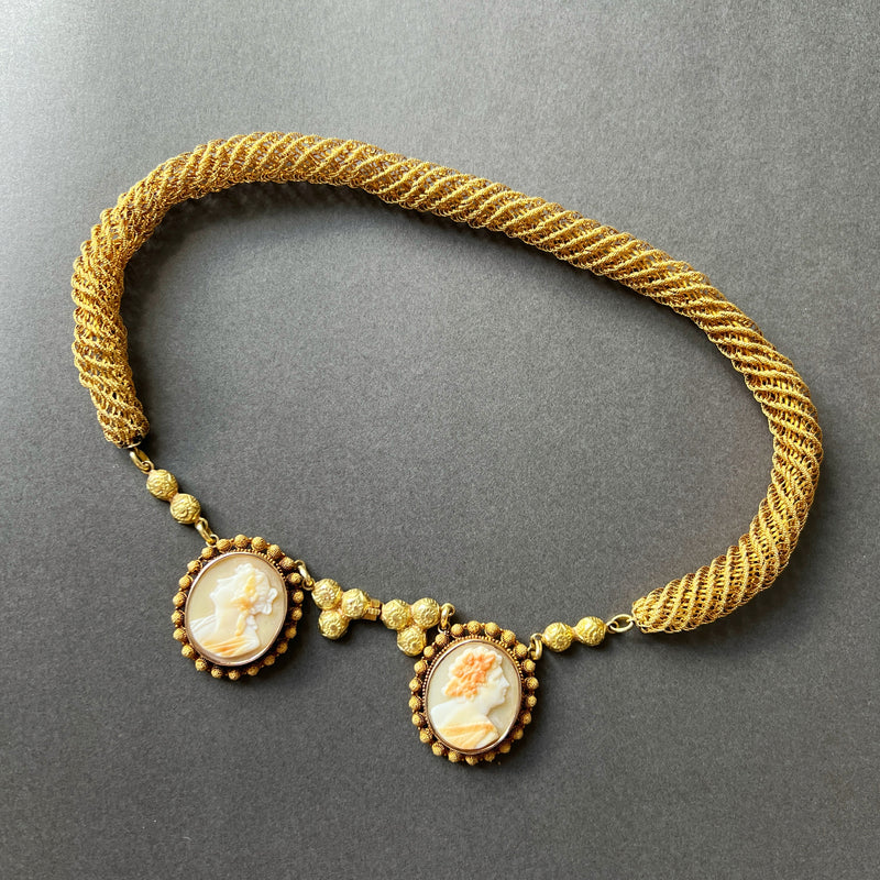 Georgian era 18K gold woven gold necklace with two cameos