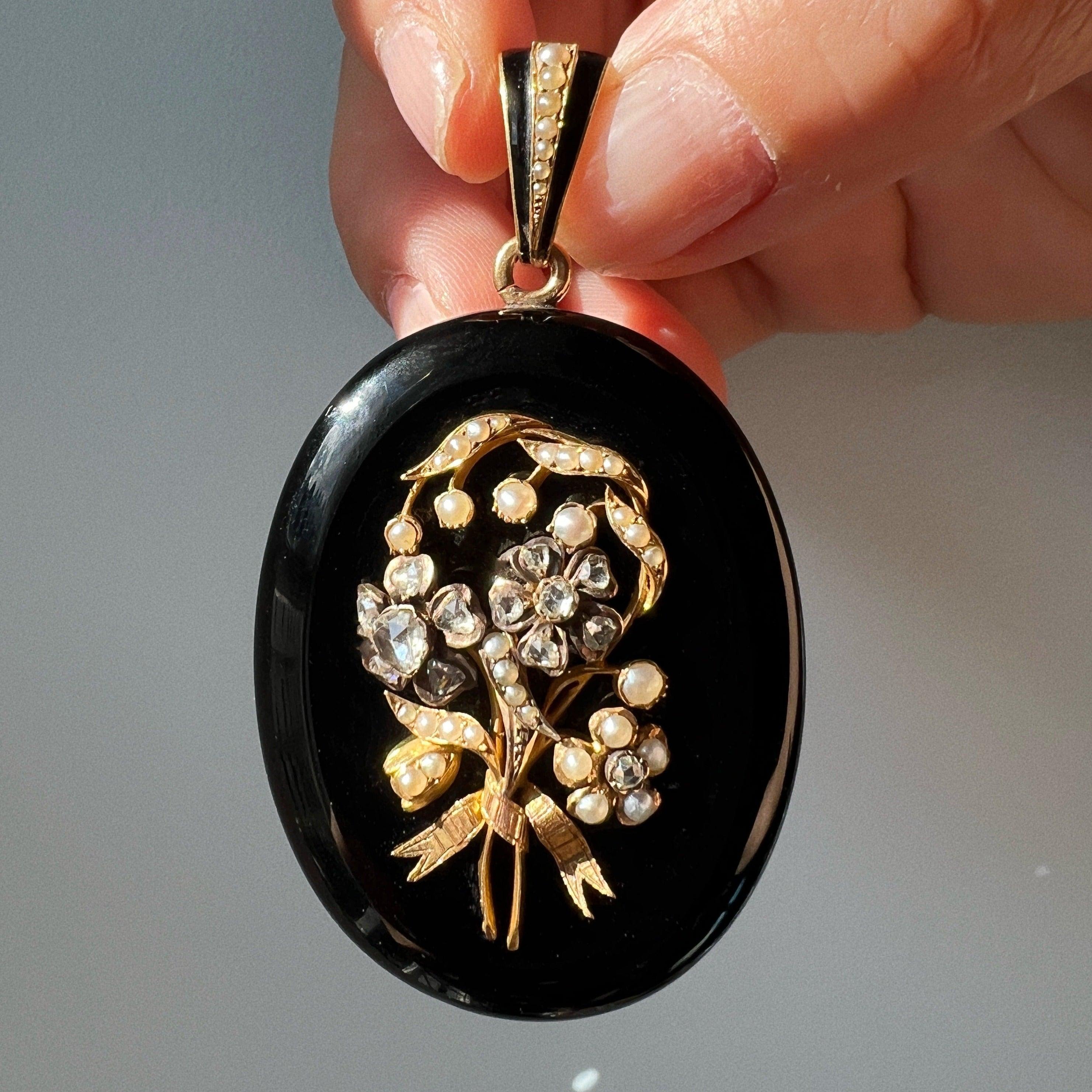 Victorian 18K gold lily of the valley and forget me not flower locket pendant - Curiously timeless