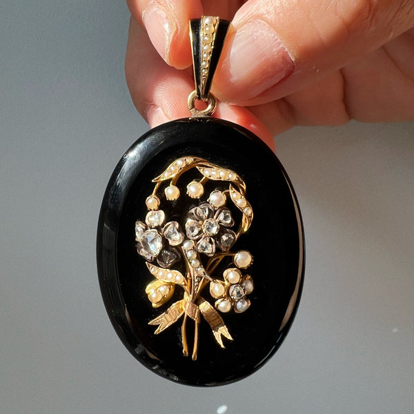 Victorian 18K gold lily of the valley and forget me not flower locket pendant