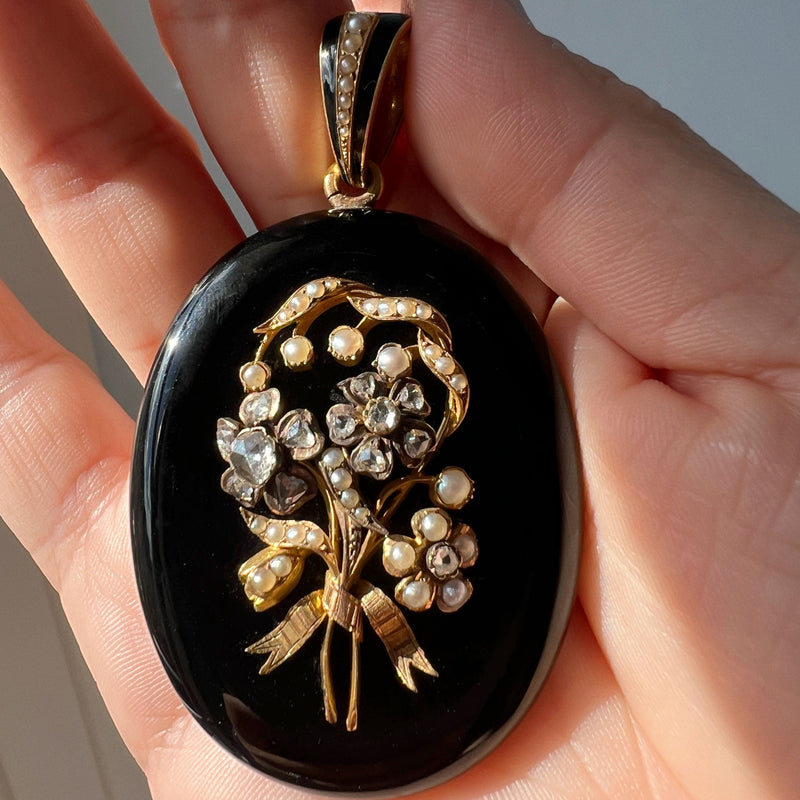 Victorian 18K gold lily of the valley and forget me not flower locket pendant