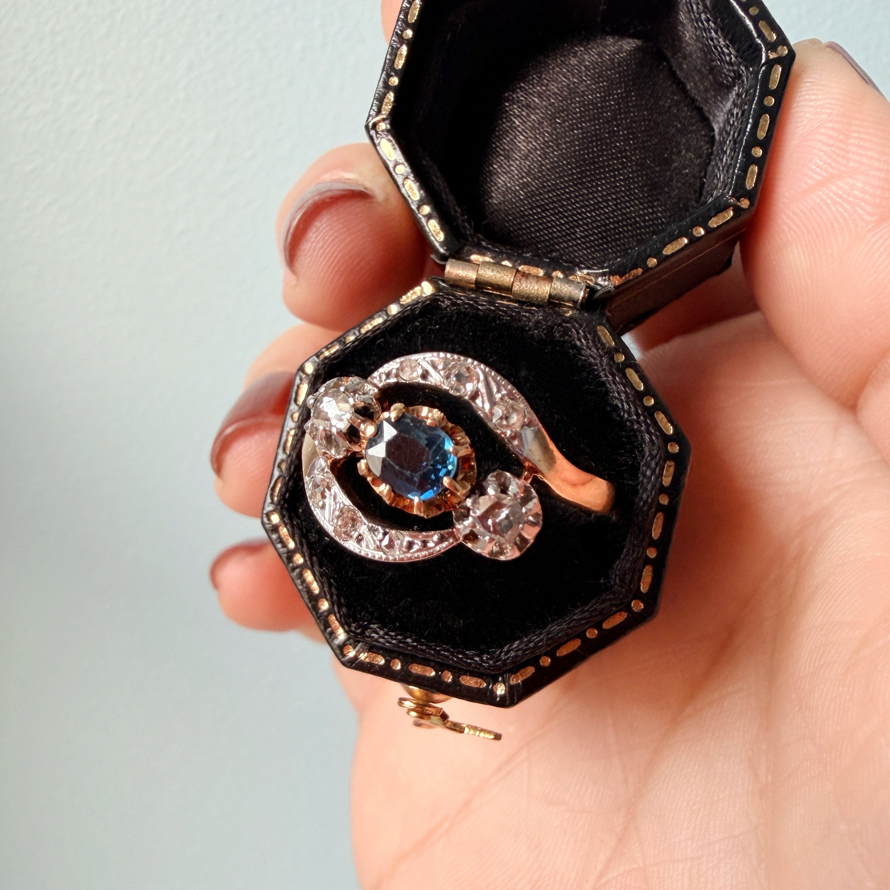 Antique 18K gold blue sapphire diamond tourbillon ring