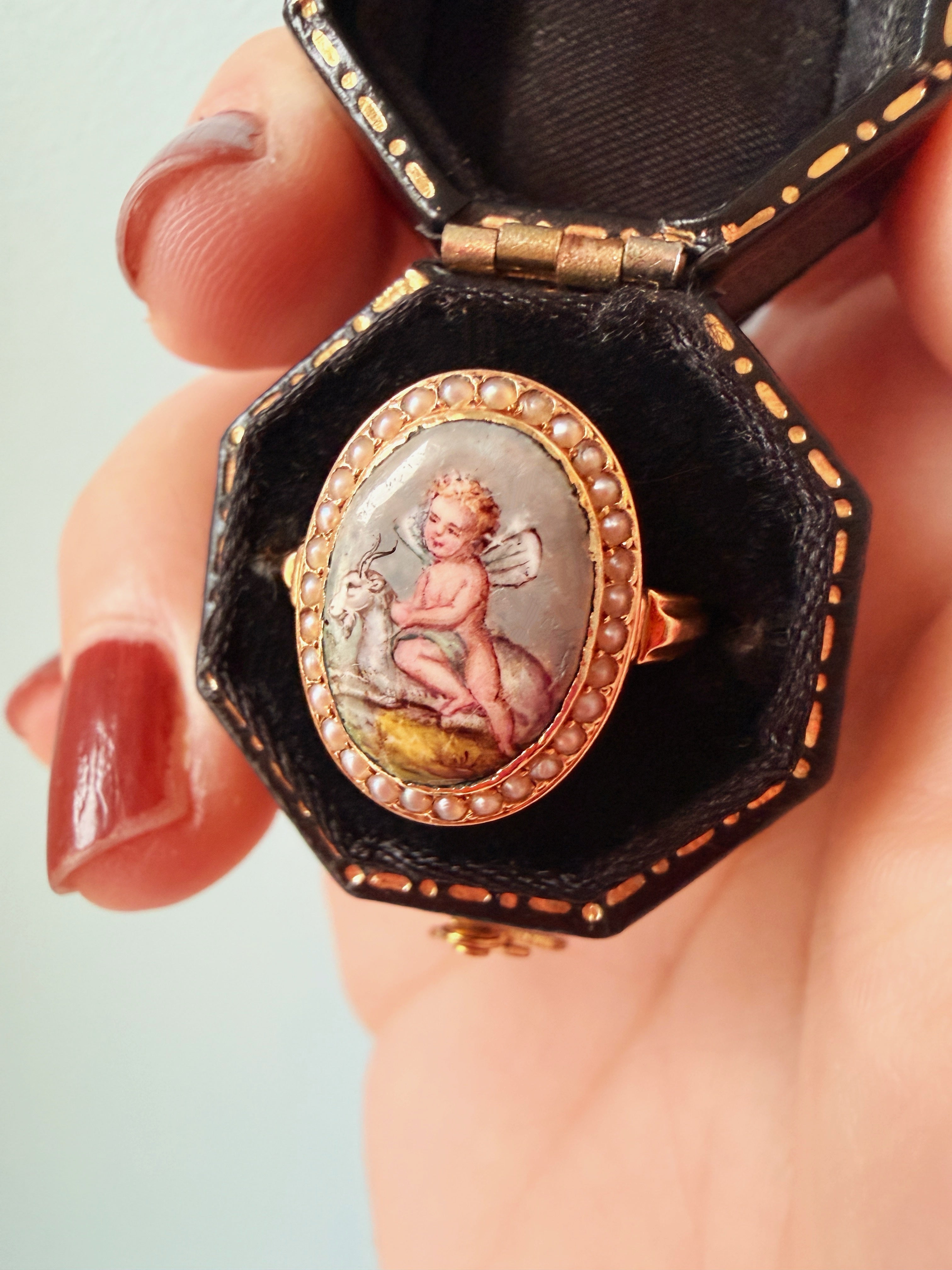 Victorian era 18K gold cherub riding a goat pearl ring