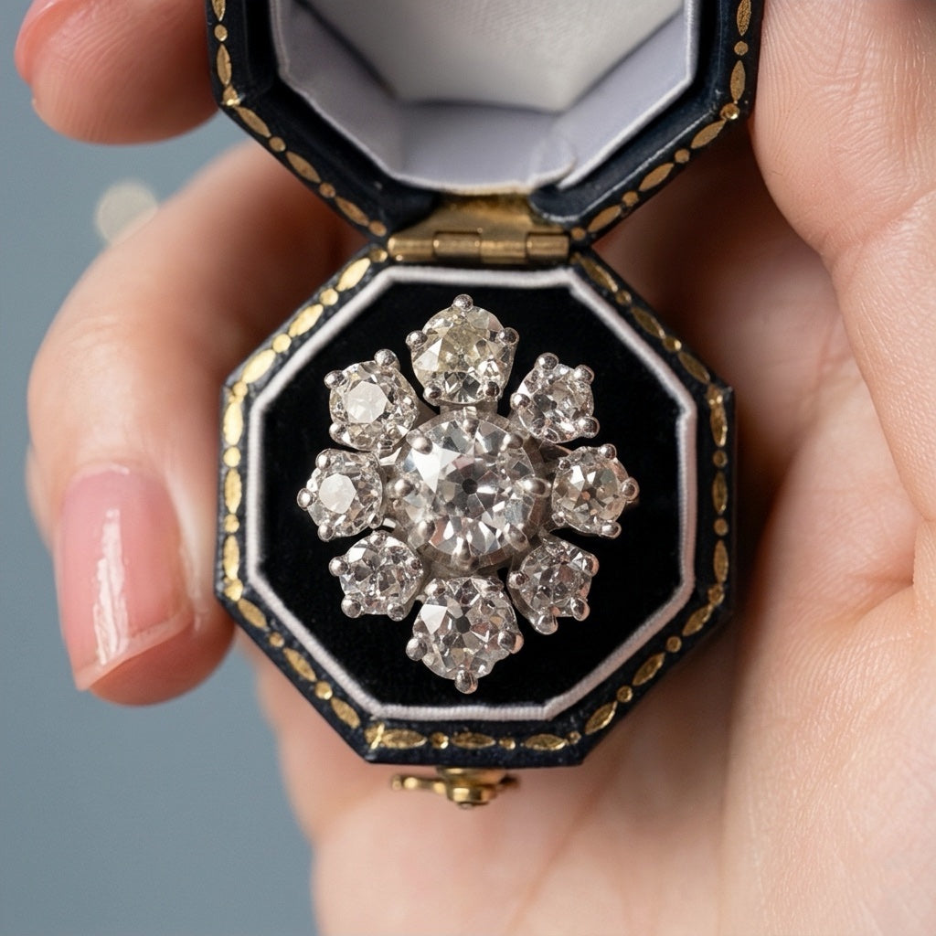 Vintage 18K Gold 2.95cts Old Mine Cut Diamond Cluster Ring