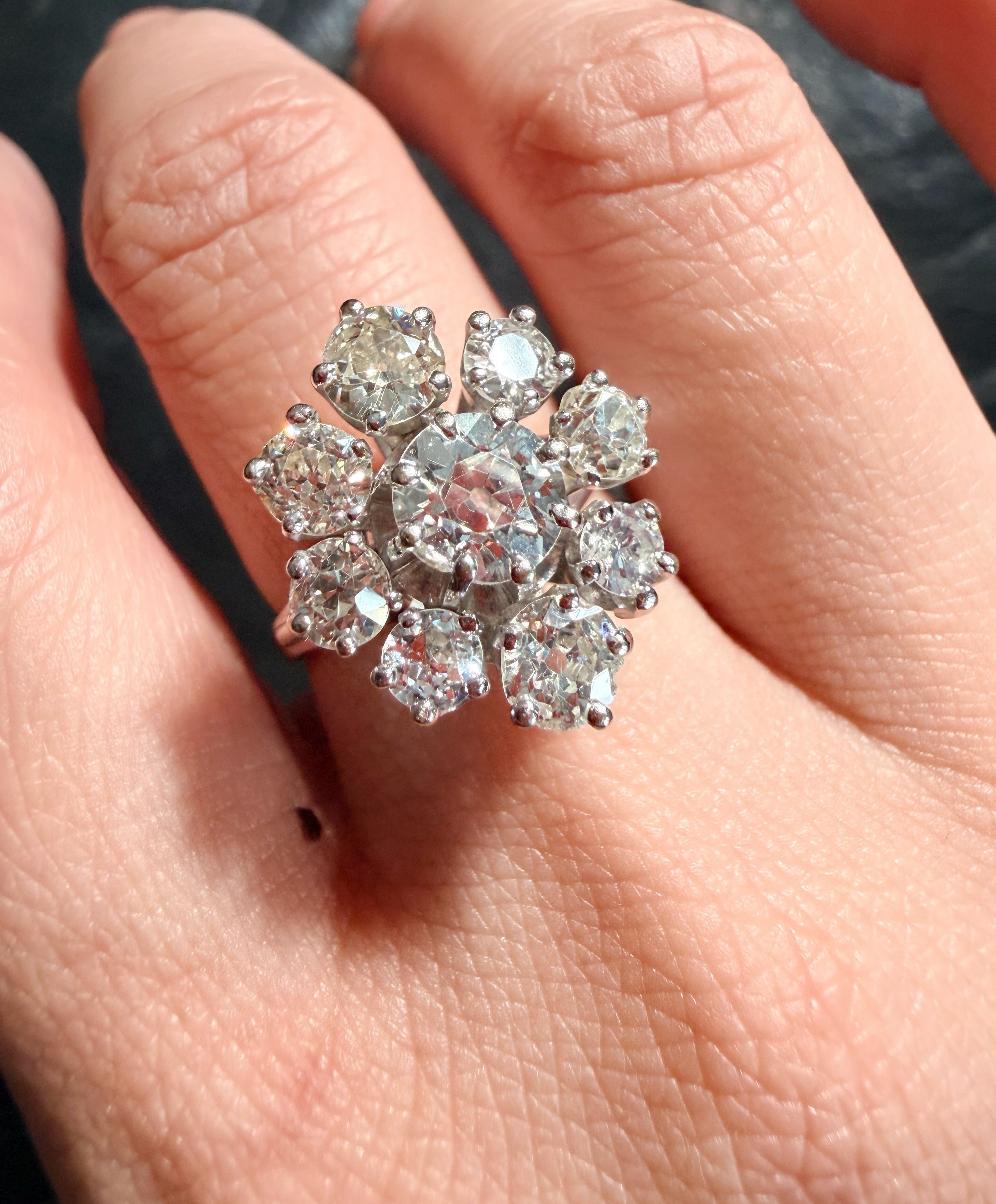 Vintage 18K Gold 2.95cts Old Mine Cut Diamond Cluster Ring