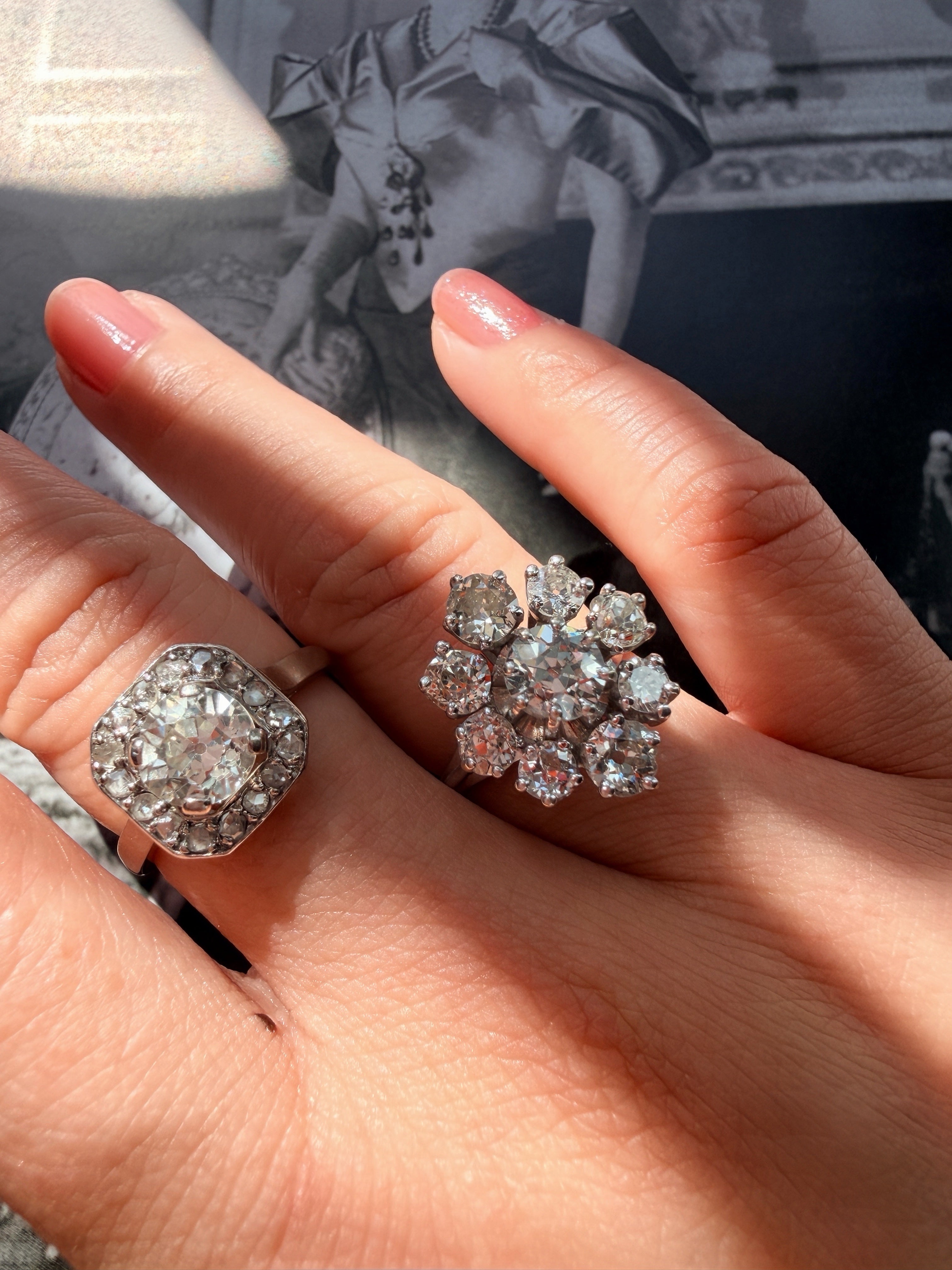 Vintage 18K Gold 2.95cts Old Mine Cut Diamond Cluster Ring