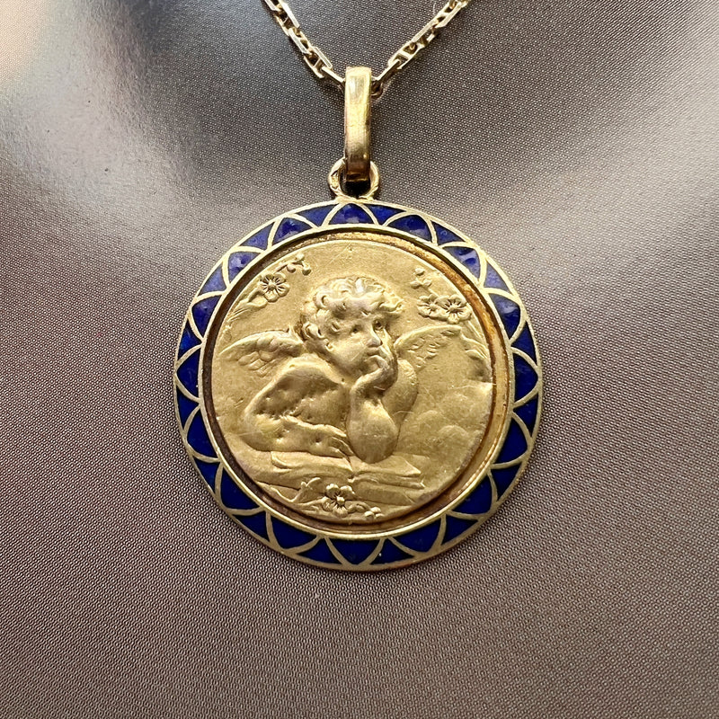 Antique 18K gold blue enamel angel pendant