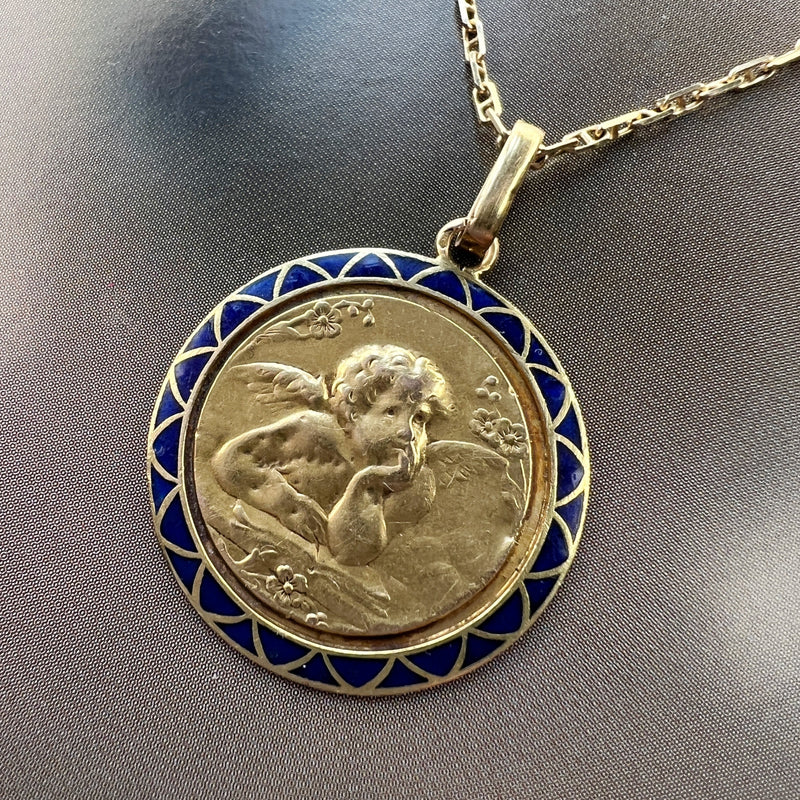 Antique 18K gold blue enamel angel pendant