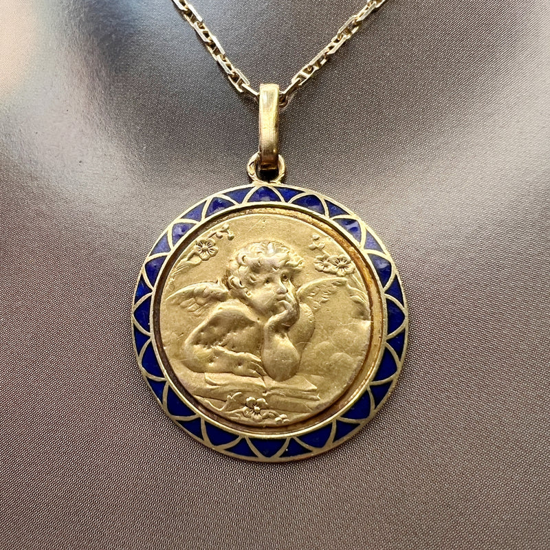 Antique 18K gold blue enamel angel pendant