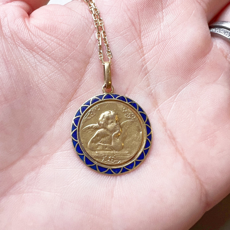 Antique 18K gold blue enamel angel pendant