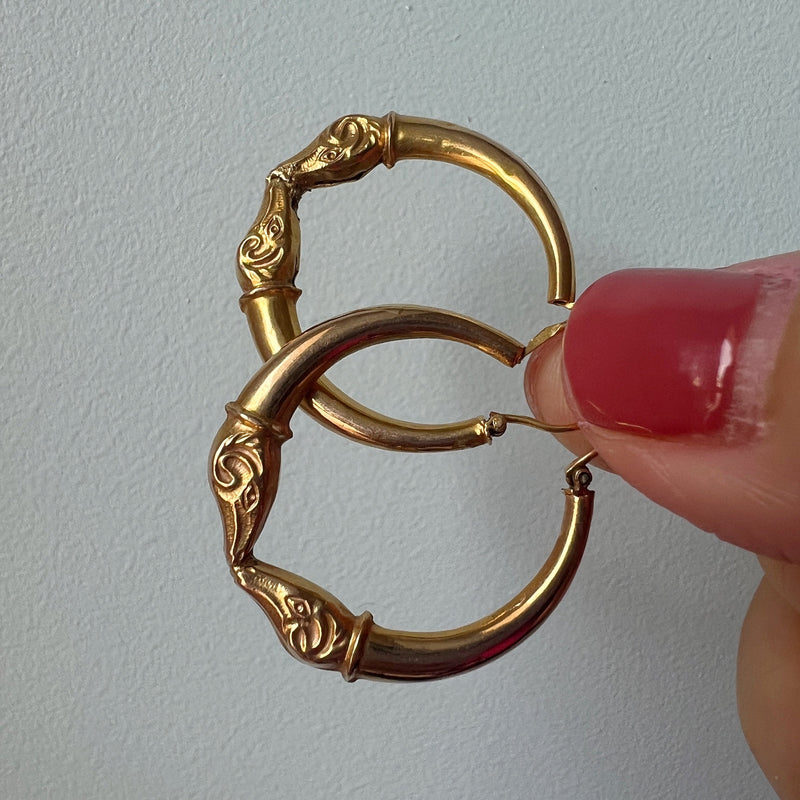 18K gold ram head hoop earrings