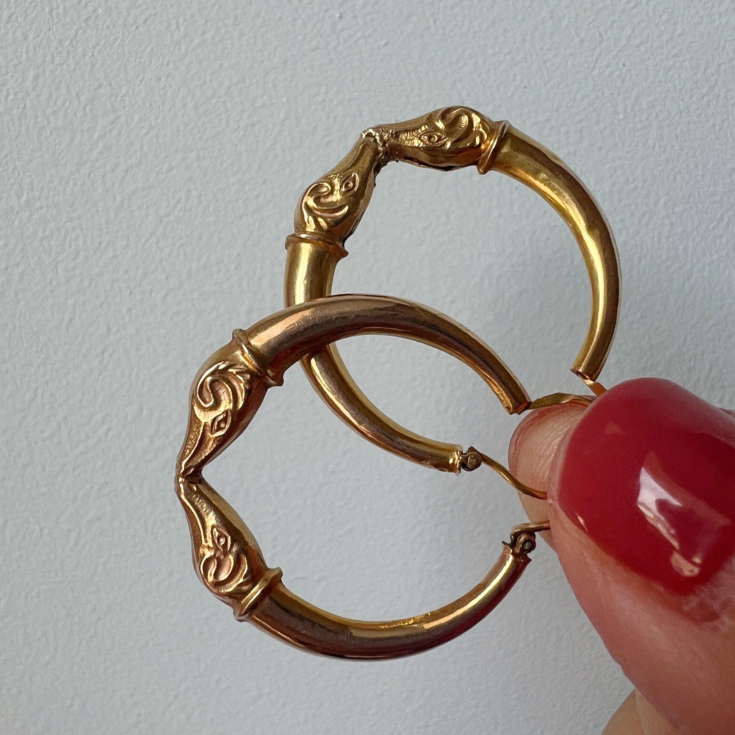 Antique 18K gold ram head hoop earrings - Curiously timeless